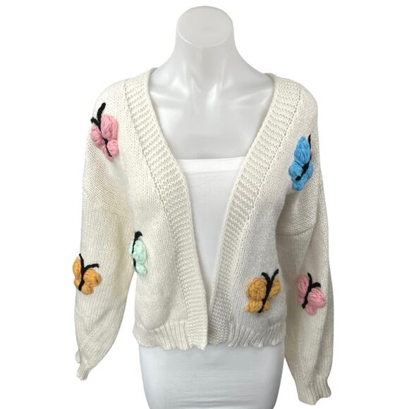 Luna Ivy Women's Cream Multicolor 3D Butterfly Open Cardigan Sweater Top Size S - Picture 1 of 5